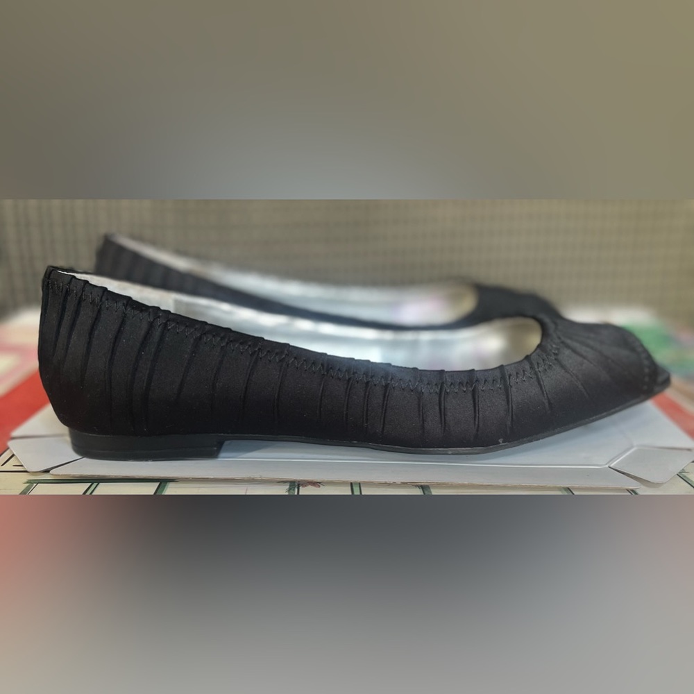 Black Satin Peek-a-boo Toed Flats, Style GABI, Women’s Size 7M